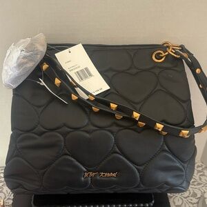 Betsey Johnson XOMia Black Heart Quilted Bag with Leopard Bag Charm